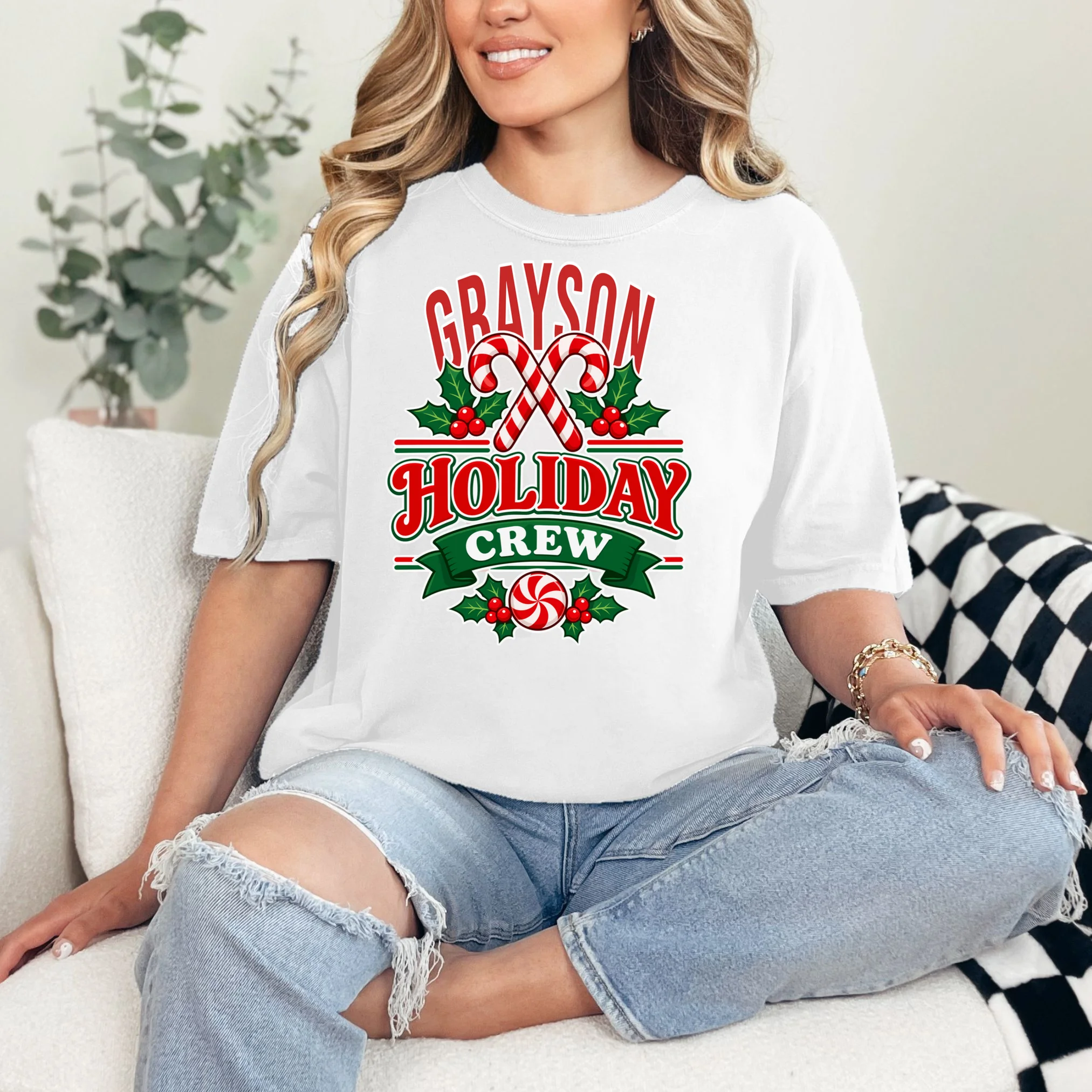 Holiday Crew – Personalized Christmas Candy Cane Design Comfort Colors Unisex T-Shirt - Front 1