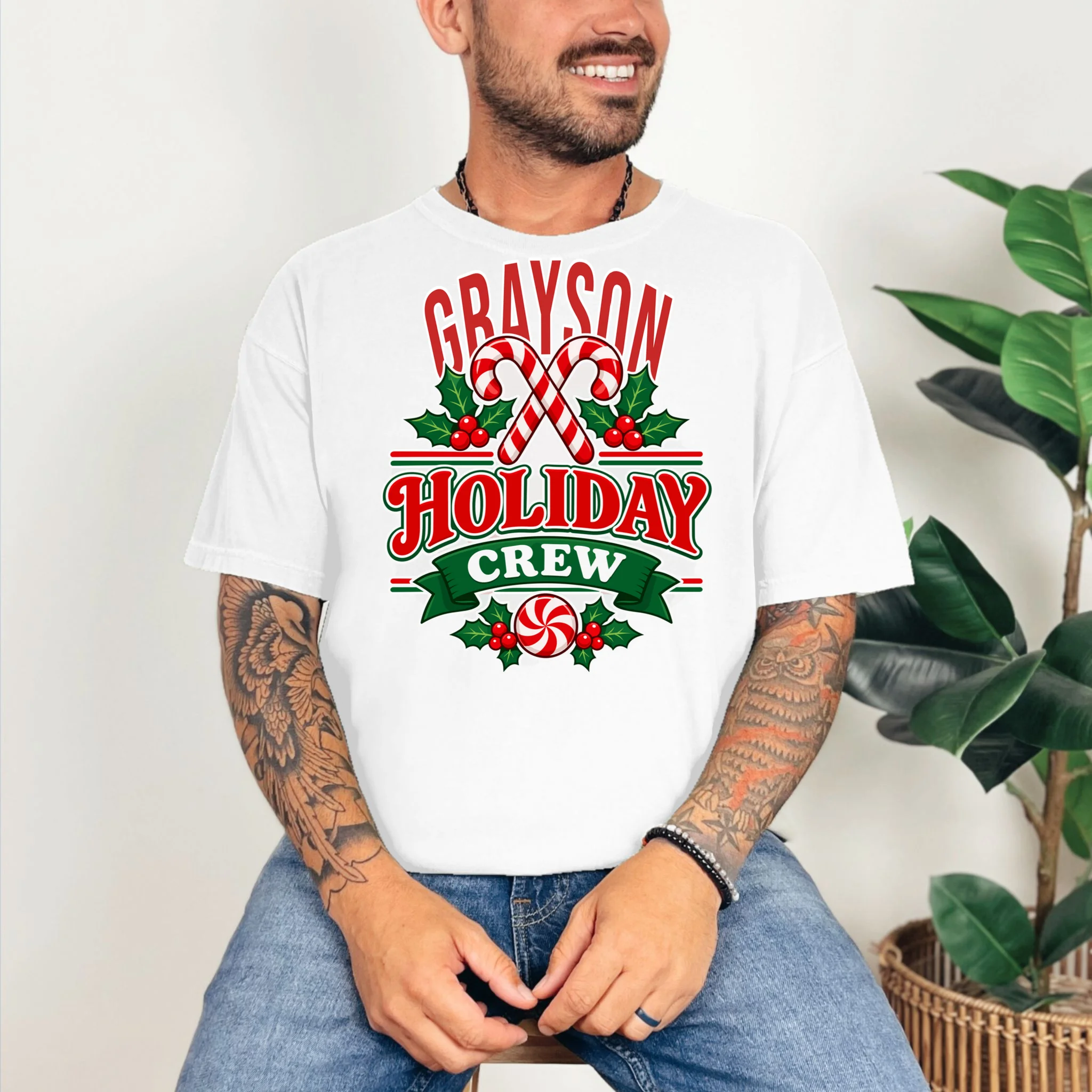 Holiday Crew – Personalized Christmas Candy Cane Design Comfort Colors Unisex T-Shirt - Front 2