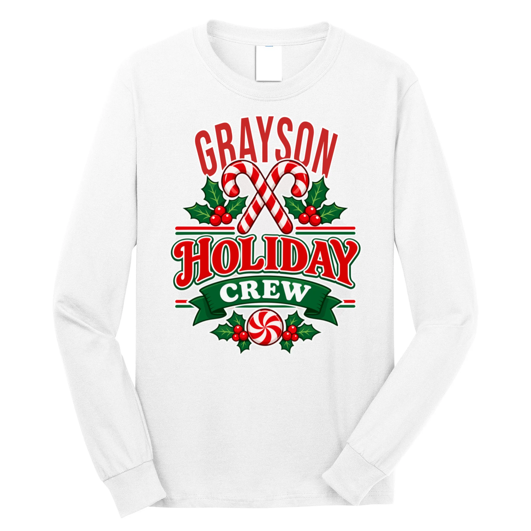 Holiday Crew – Personalized Christmas Candy Cane Design Men's Long Sleeve Shirt Front