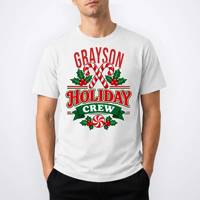 Holiday Crew – Personalized Christmas Candy Cane Design Men's T-Shirt - Front 1