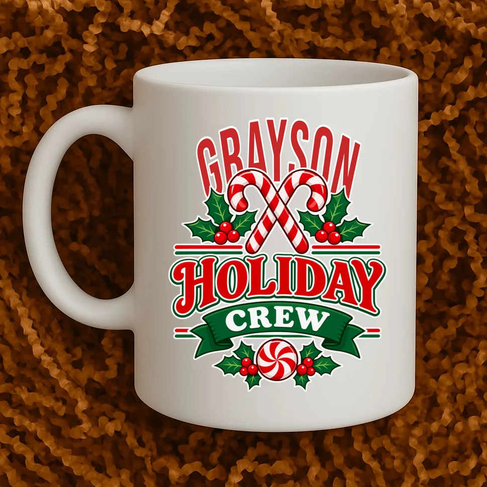 Holiday Crew – Personalized Christmas Candy Cane Design Mug - Front 1