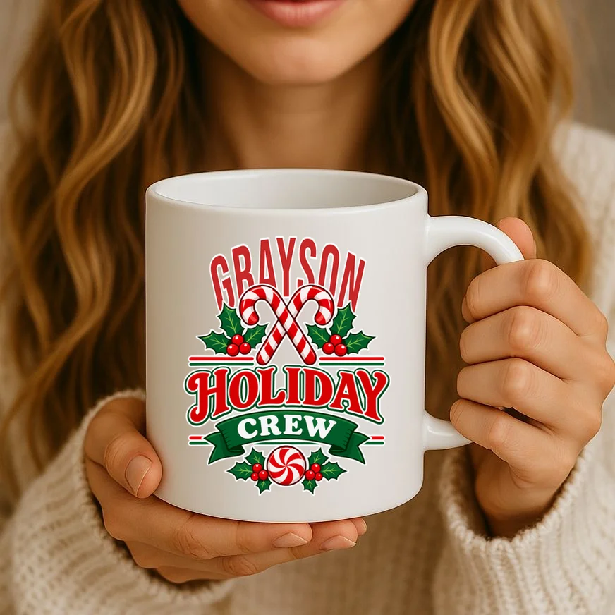 Holiday Crew – Personalized Christmas Candy Cane Design Mug - Front 2