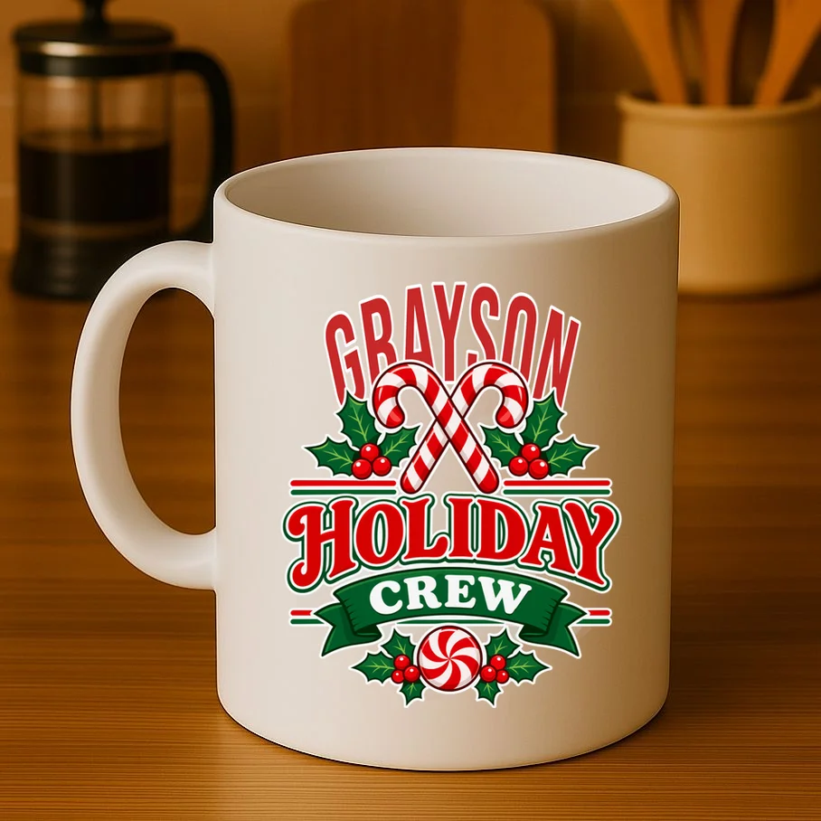Holiday Crew – Personalized Christmas Candy Cane Design Mug - Front 3