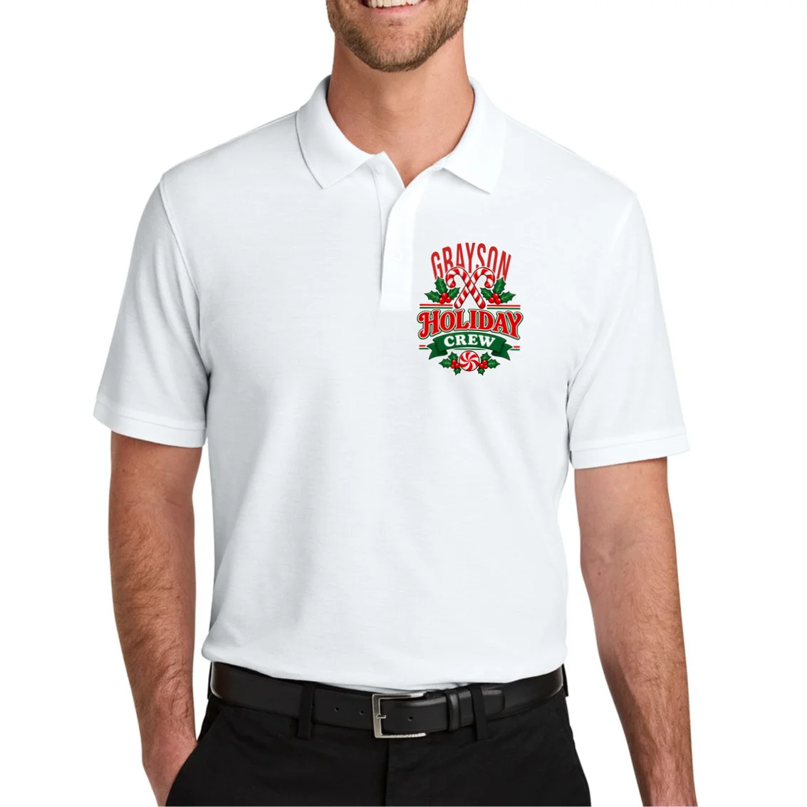Holiday Crew – Personalized Christmas Candy Cane Design Men's Polo - Front 1