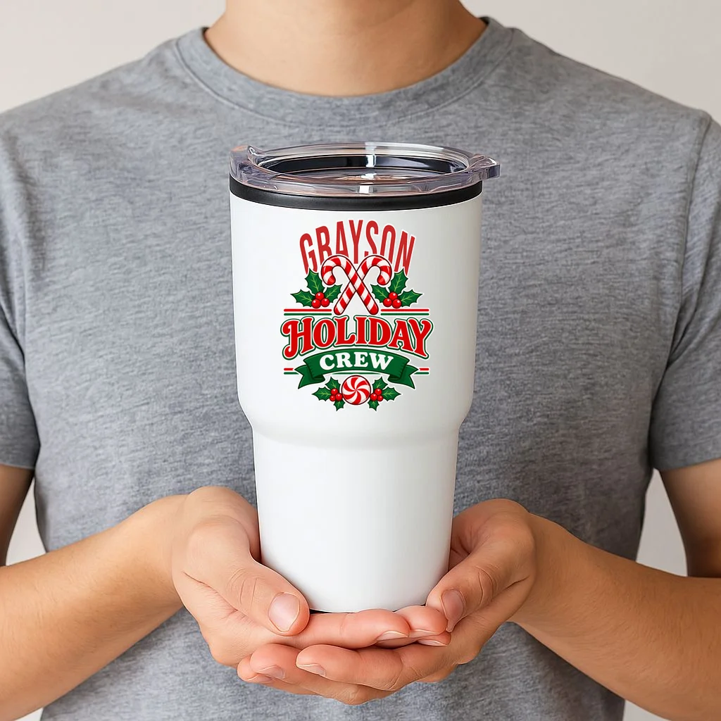 Holiday Crew – Personalized Christmas Candy Cane Design 20oz Tumbler - Front 1