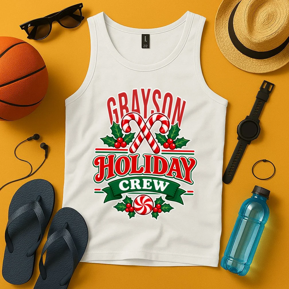 Holiday Crew – Personalized Christmas Candy Cane Design Men's Tank Top - Front 3