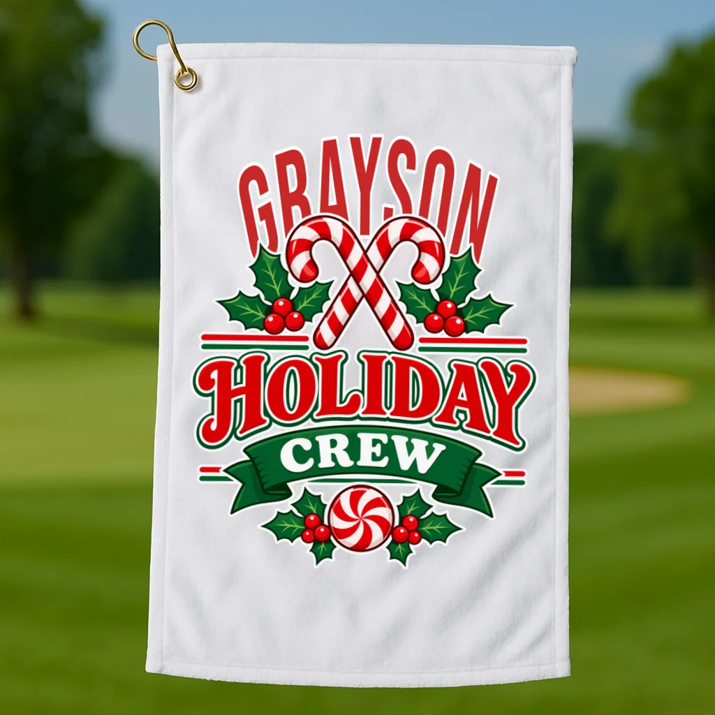 Holiday Crew – Personalized Christmas Candy Cane Design Golf Towel - Front 1