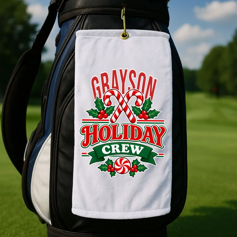Holiday Crew – Personalized Christmas Candy Cane Design Golf Towel - Front 2