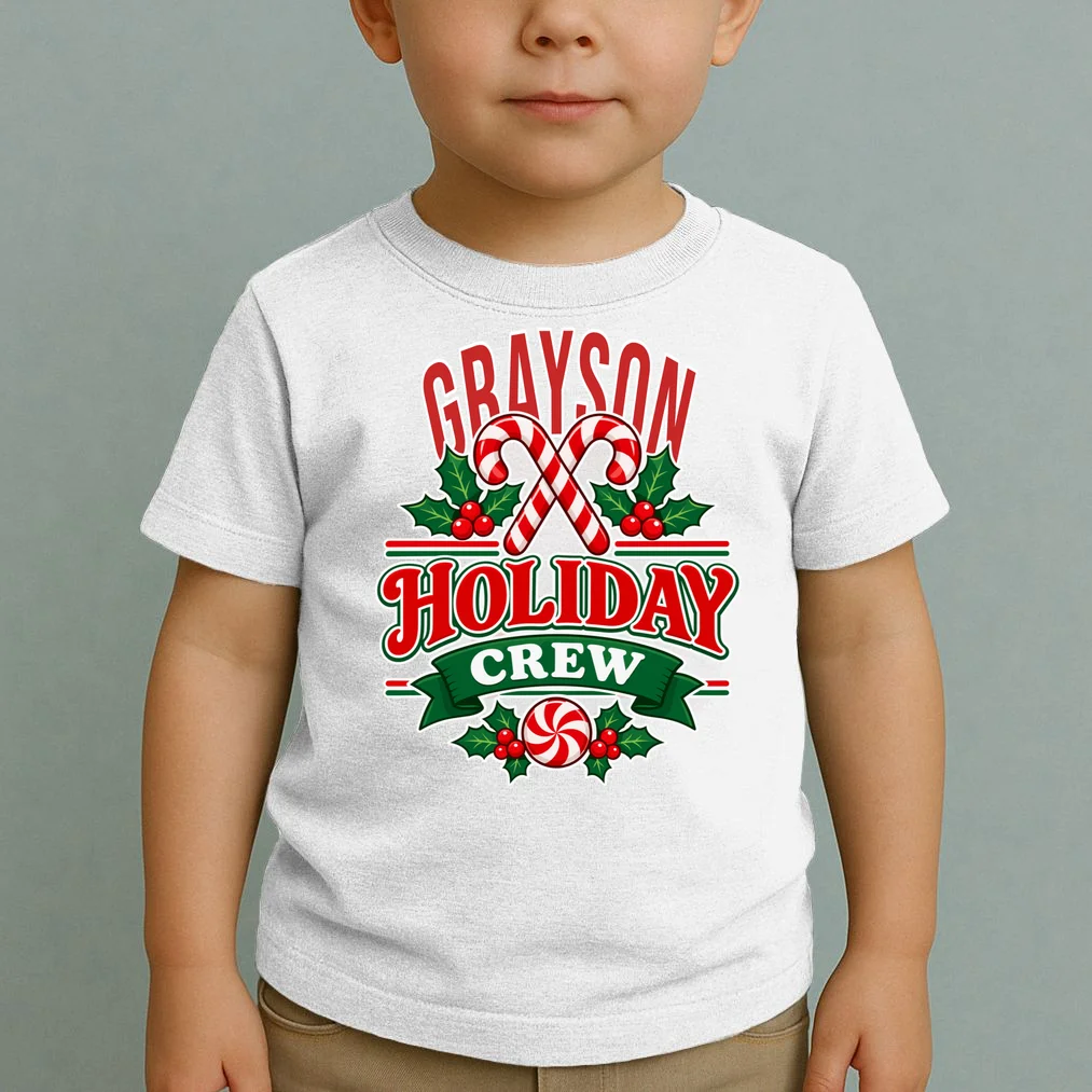 Holiday Crew – Personalized Christmas Candy Cane Design Toddler T-Shirt - Front 1