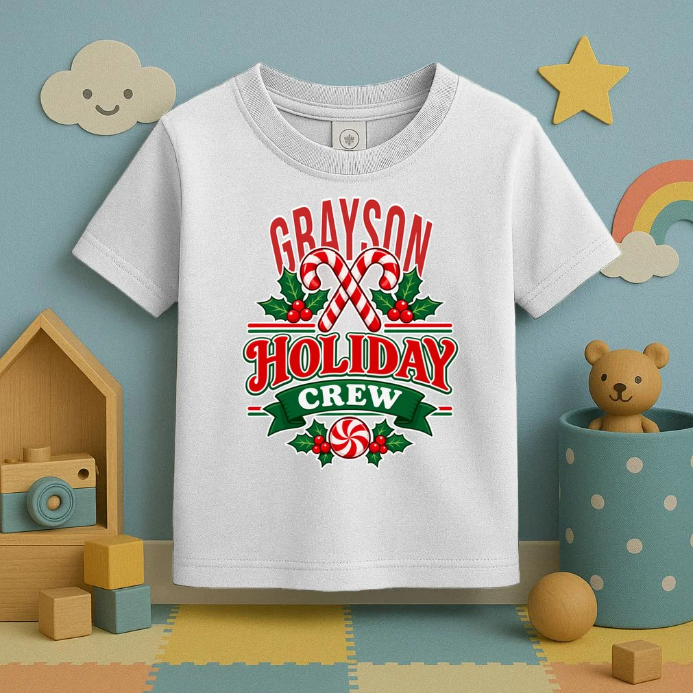 Holiday Crew – Personalized Christmas Candy Cane Design Toddler T-Shirt - Front 2