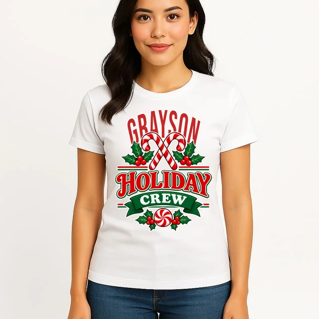 Holiday Crew – Personalized Christmas Candy Cane Design Women's T-Shirt - Front 3