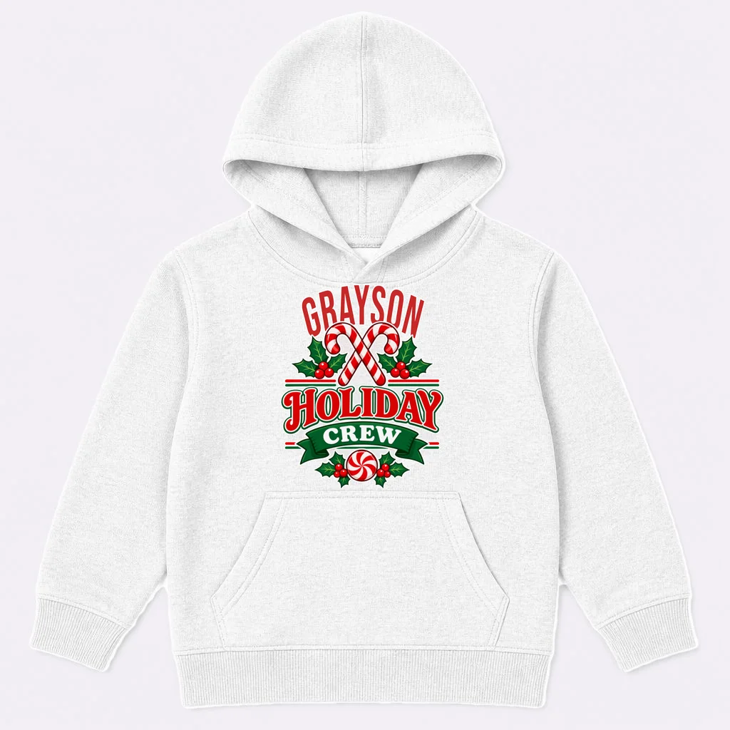 Holiday Crew – Personalized Christmas Candy Cane Design Kids Hoodie Front
