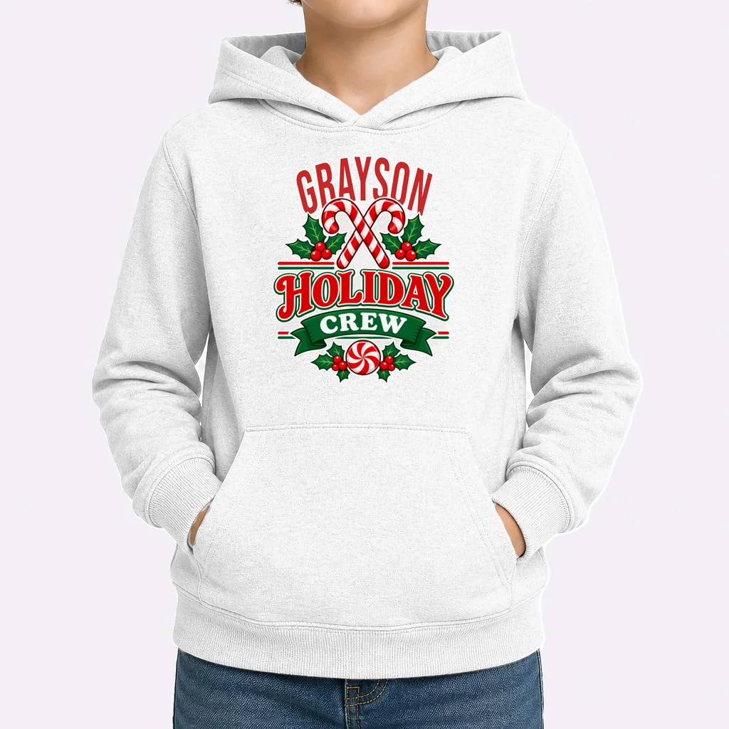 Holiday Crew – Personalized Christmas Candy Cane Design Kids Hoodie - Front 1