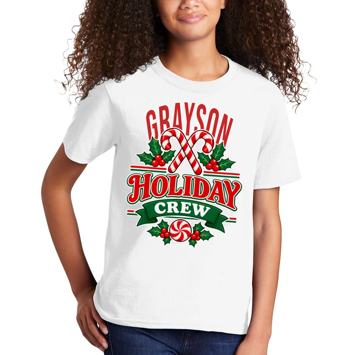 Holiday Crew – Personalized Christmas Candy Cane Design Kids T-Shirt - Front 1