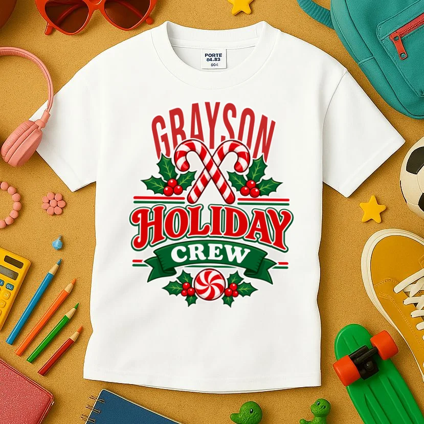 Holiday Crew – Personalized Christmas Candy Cane Design Kids T-Shirt - Front 2