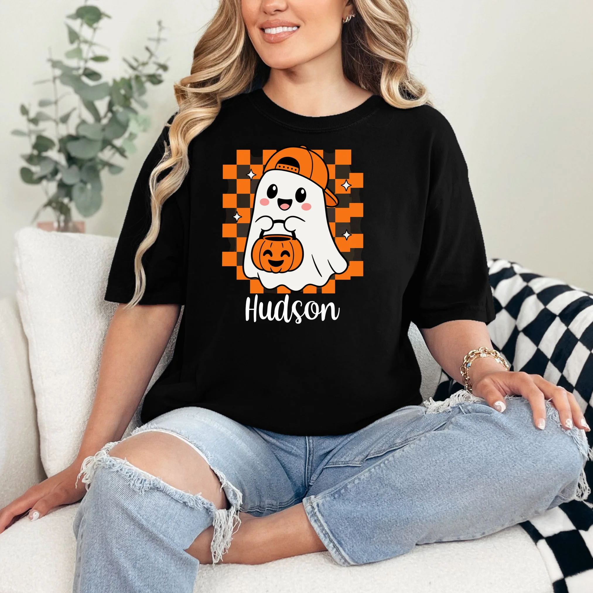 Halloween Ghost Name Personalized Custom Gift - Cute Ghost Pumpkin Custom Design Comfort Colors Unisex T-Shirt - Front 1