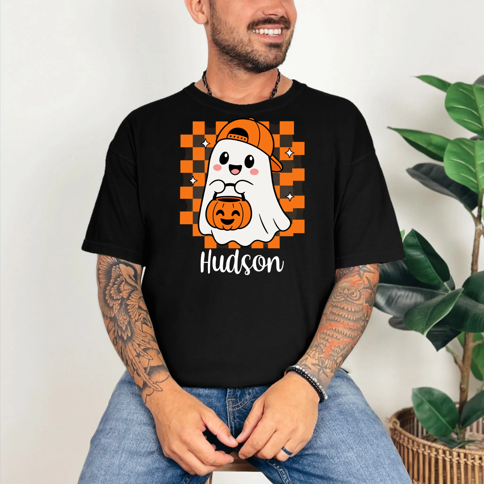 Halloween Ghost Name Personalized Custom Gift - Cute Ghost Pumpkin Custom Design Comfort Colors Unisex T-Shirt - Front 2