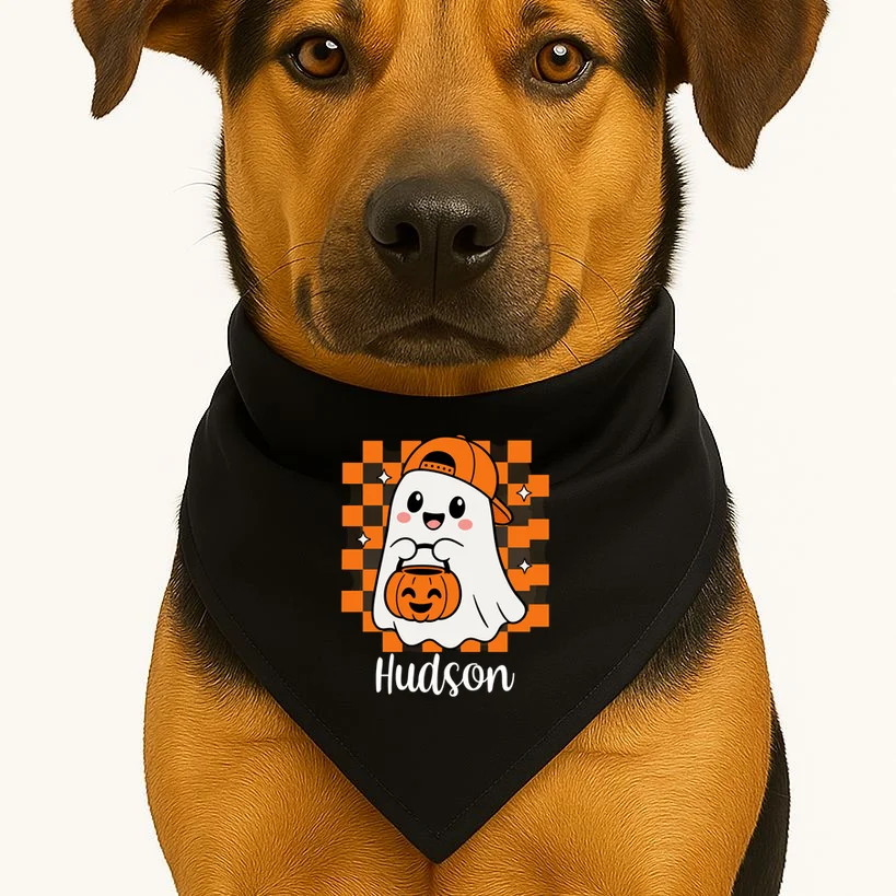 Halloween Ghost Name Personalized Custom Gift - Cute Ghost Pumpkin Custom Design Dog Bandana - Front 1