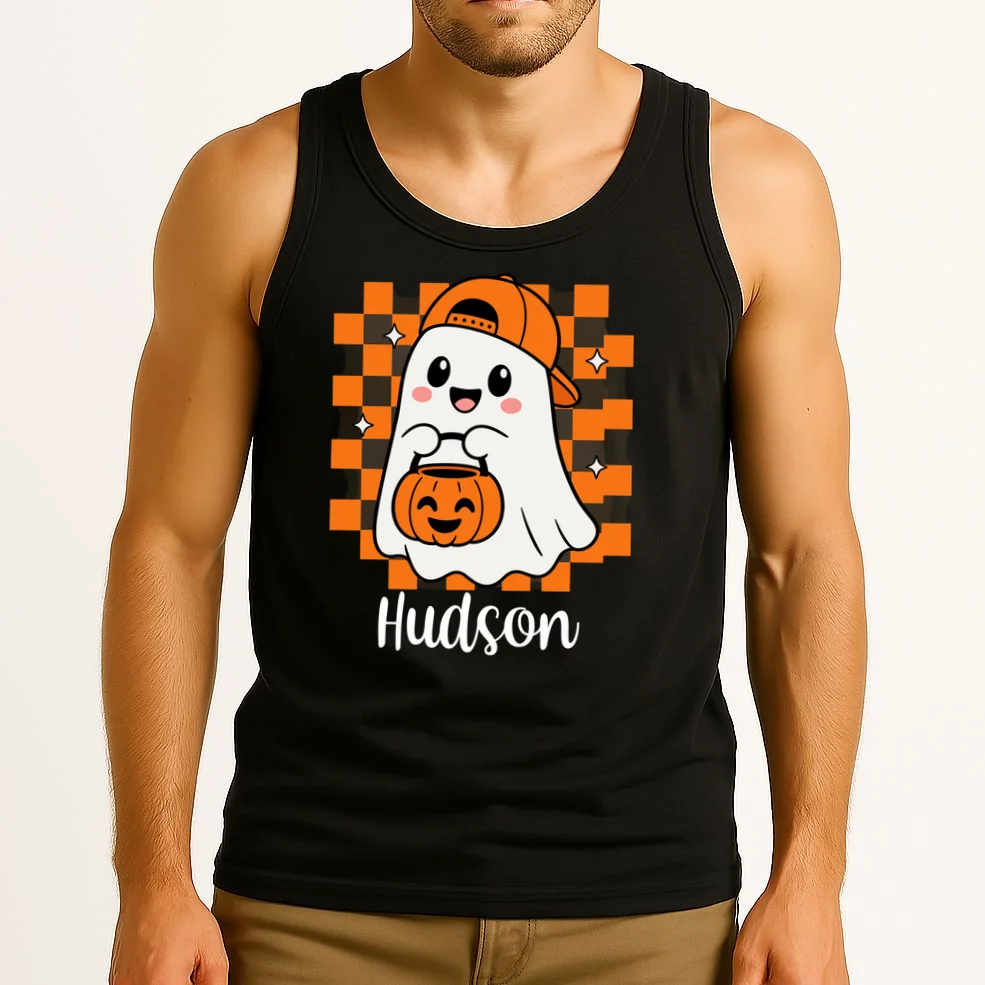 Halloween Ghost Name Personalized Custom Gift - Cute Ghost Pumpkin Custom Design Men's Tank Top - Front 2