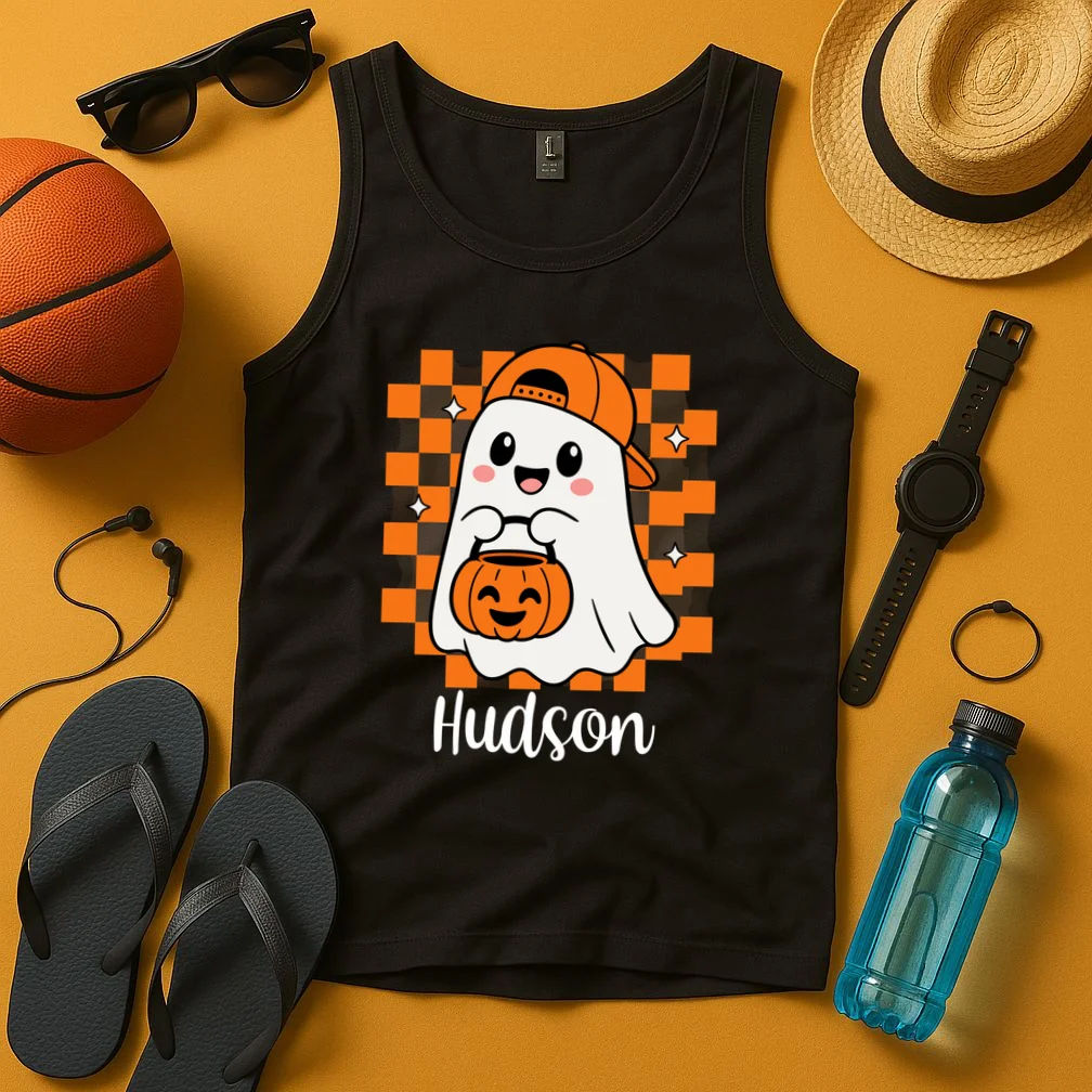 Halloween Ghost Name Personalized Custom Gift - Cute Ghost Pumpkin Custom Design Men's Tank Top - Front 3