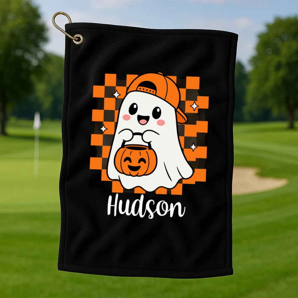 Halloween Ghost Name Personalized Custom Gift - Cute Ghost Pumpkin Custom Design Golf Towel - Front 1