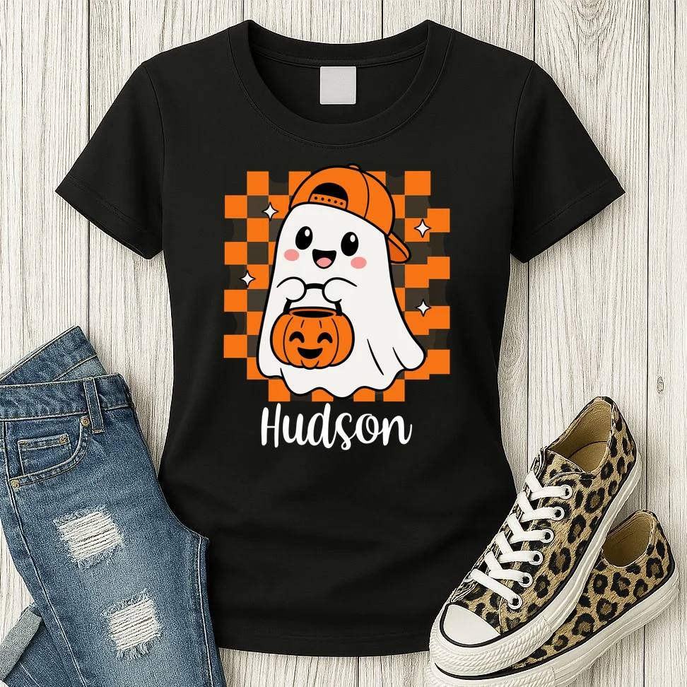 Halloween Ghost Name Personalized Custom Gift - Cute Ghost Pumpkin Custom Design Women's T-Shirt - Front 2
