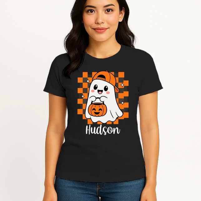 Halloween Ghost Name Personalized Custom Gift - Cute Ghost Pumpkin Custom Design Women's T-Shirt - Front 3
