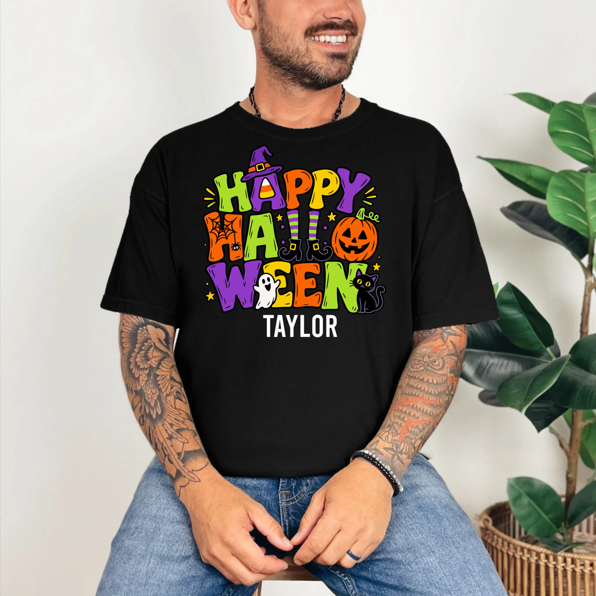 Halloween Happy Halloween Personalized Name - Cute Halloween Character Design Comfort Colors Unisex T-Shirt - Front 2