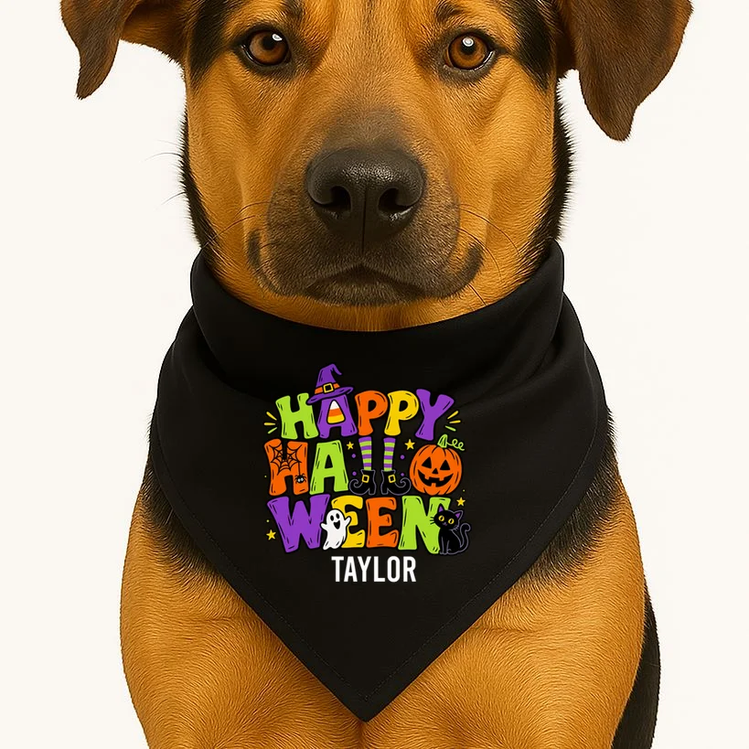 Halloween Happy Halloween Personalized Name - Cute Halloween Character Design Dog Bandana - Front 1