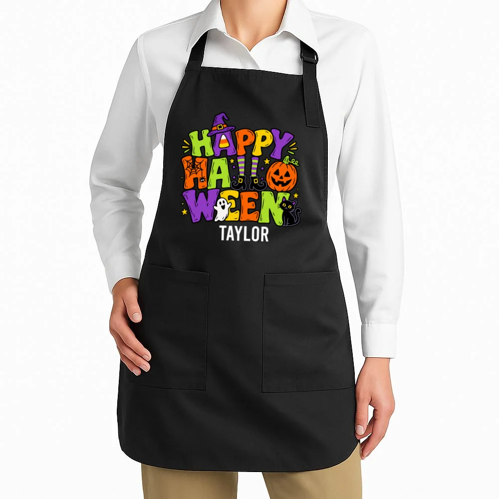 Halloween Happy Halloween Personalized Name - Cute Halloween Character Design Apron - Front 1