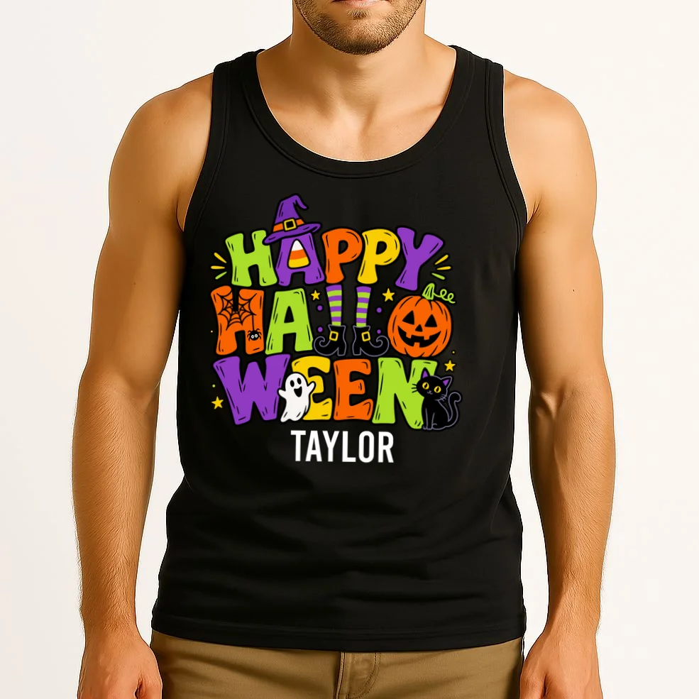 Halloween Happy Halloween Personalized Name - Cute Halloween Character Design Men's Tank Top - Front 2