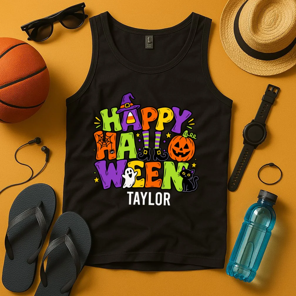 Halloween Happy Halloween Personalized Name - Cute Halloween Character Design Men's Tank Top - Front 3