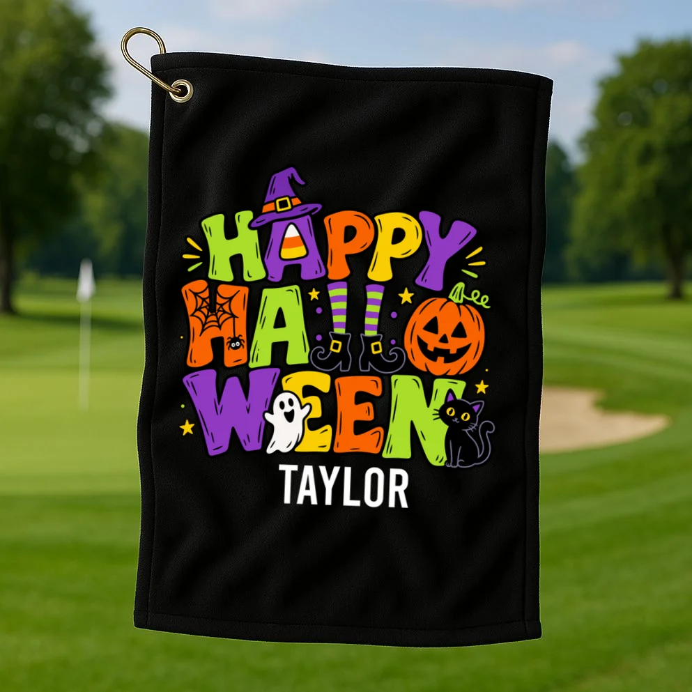 Halloween Happy Halloween Personalized Name - Cute Halloween Character Design Golf Towel - Front 1