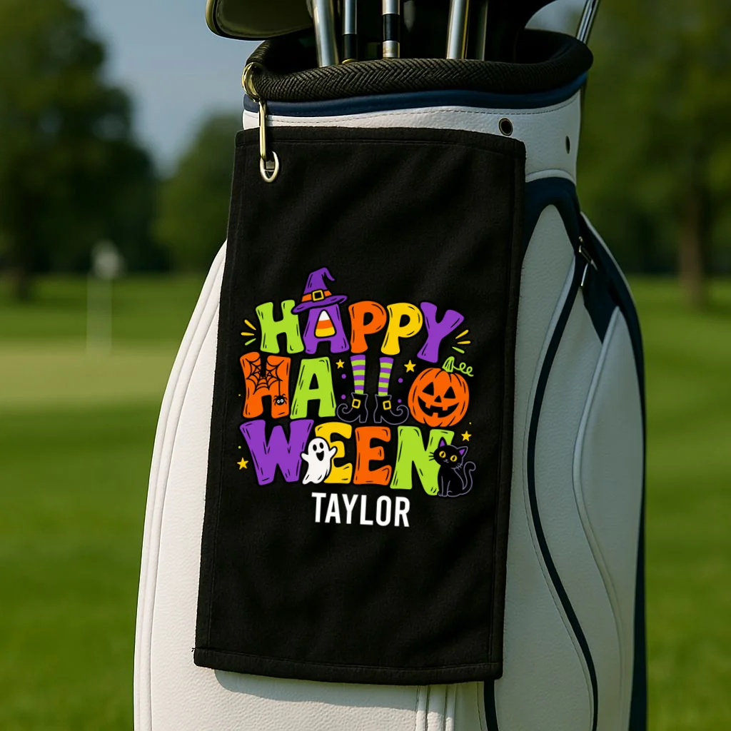 Halloween Happy Halloween Personalized Name - Cute Halloween Character Design Golf Towel - Front 2
