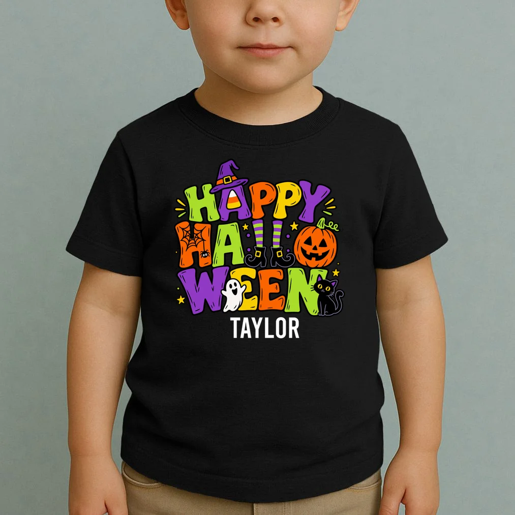 Halloween Happy Halloween Personalized Name - Cute Halloween Character Design Toddler T-Shirt - Front 1