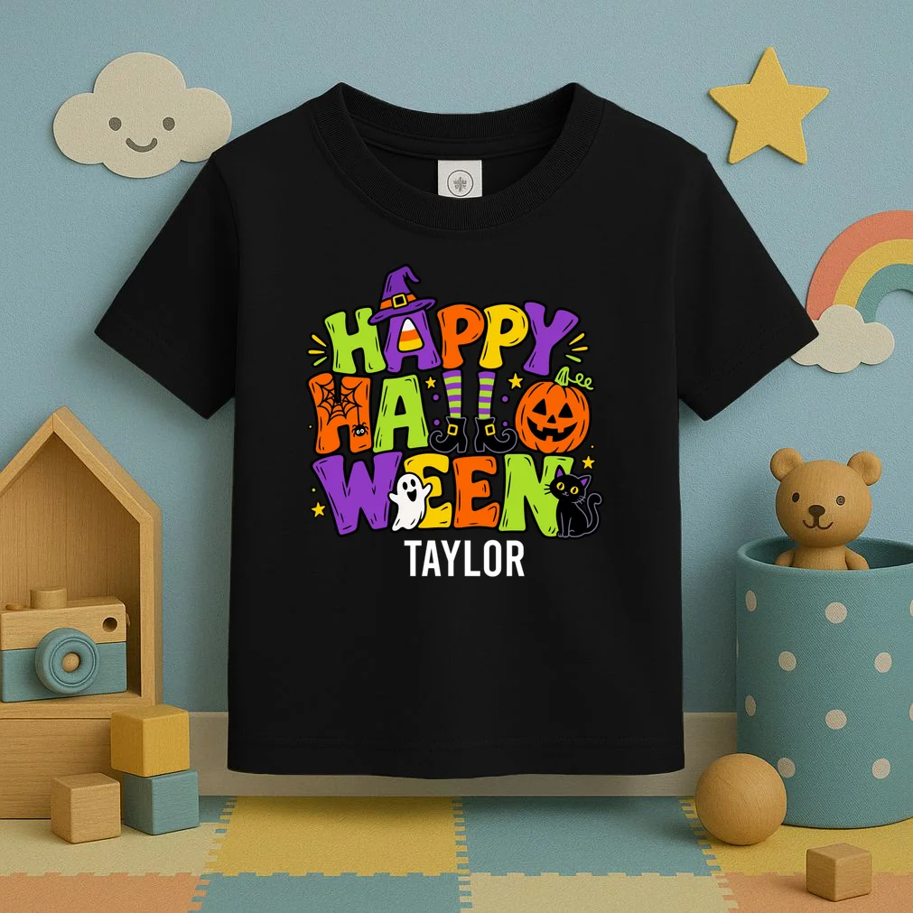 Halloween Happy Halloween Personalized Name - Cute Halloween Character Design Toddler T-Shirt - Front 2