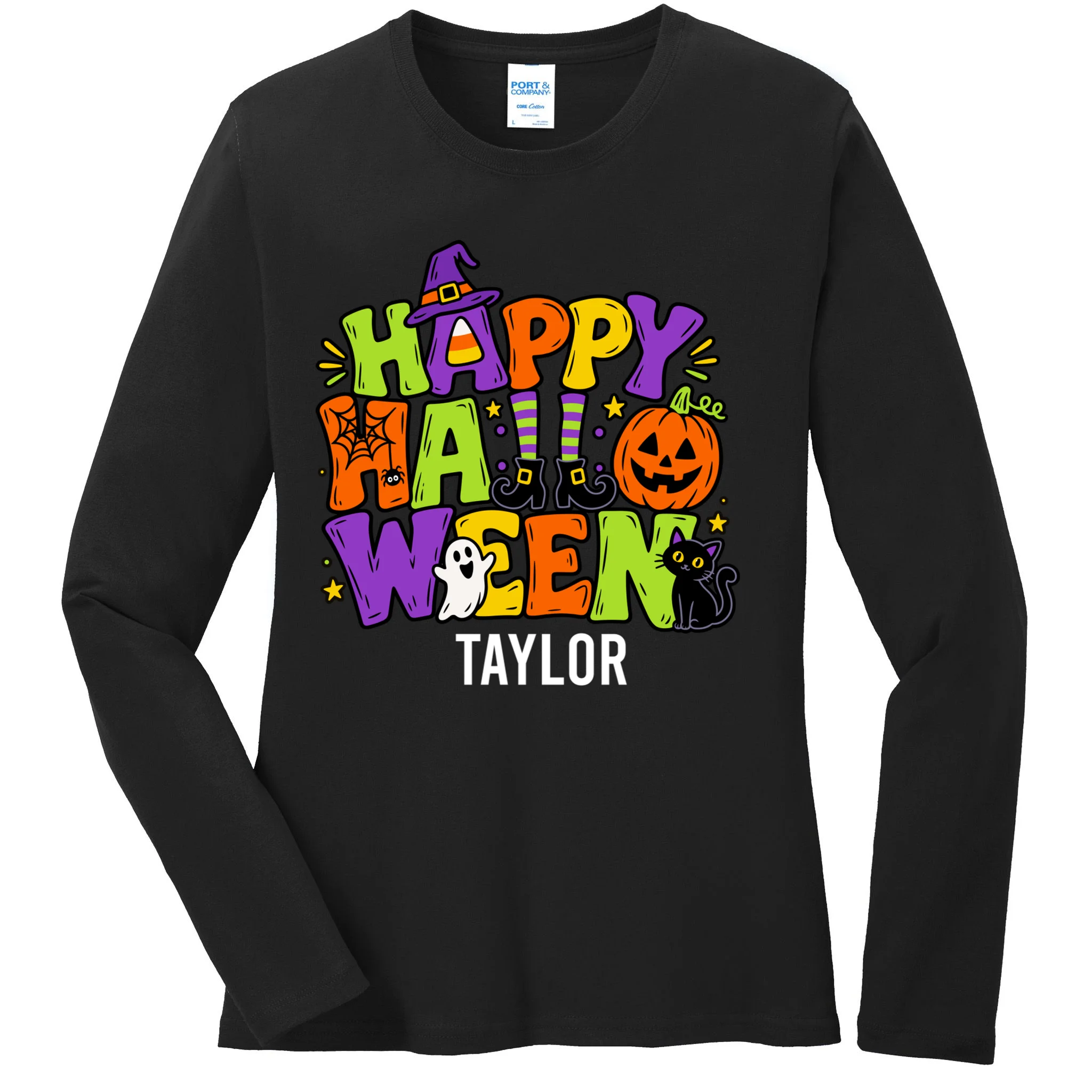 Halloween Happy Halloween Personalized Name - Cute Halloween Character Design Women's Long Sleeve Shirt Front