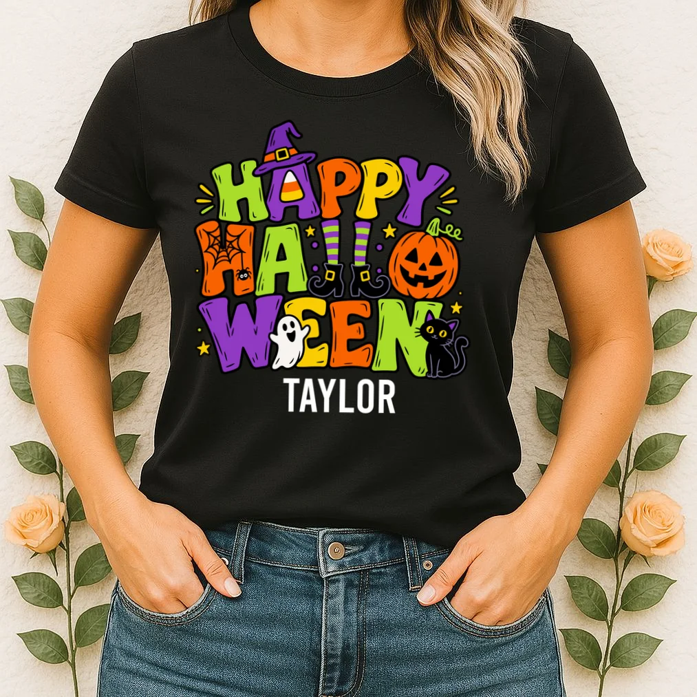 Halloween Happy Halloween Personalized Name - Cute Halloween Character Design Women's T-Shirt - Front 1