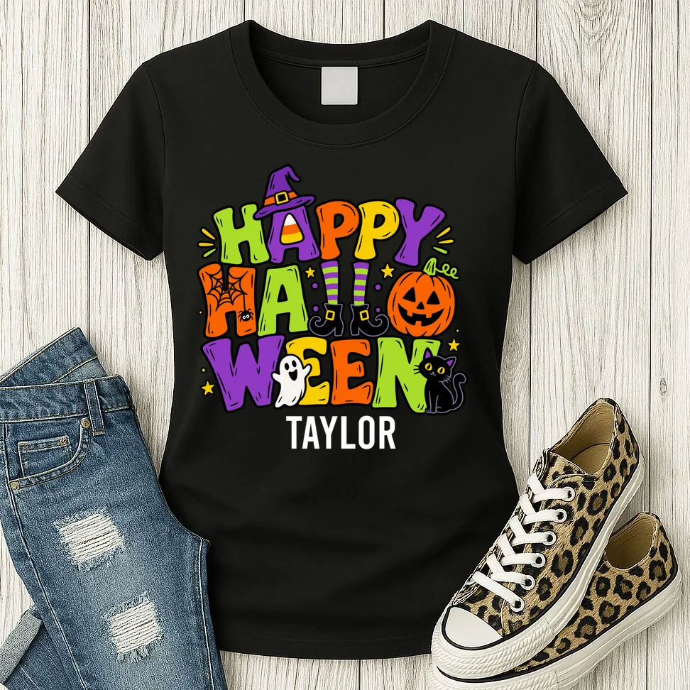 Halloween Happy Halloween Personalized Name - Cute Halloween Character Design Women's T-Shirt - Front 2