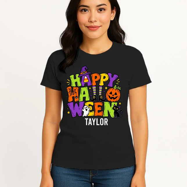 Halloween Happy Halloween Personalized Name - Cute Halloween Character Design Women's T-Shirt - Front 3