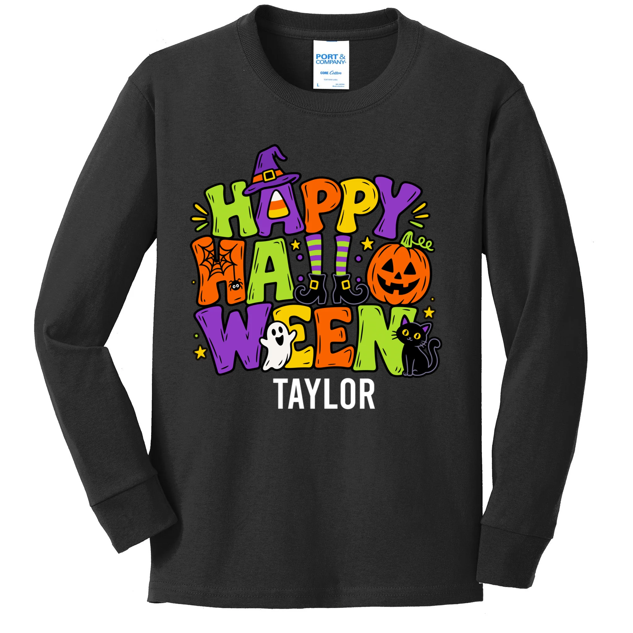 Halloween Happy Halloween Personalized Name - Cute Halloween Character Design Kids Long Sleeve Shirt Front