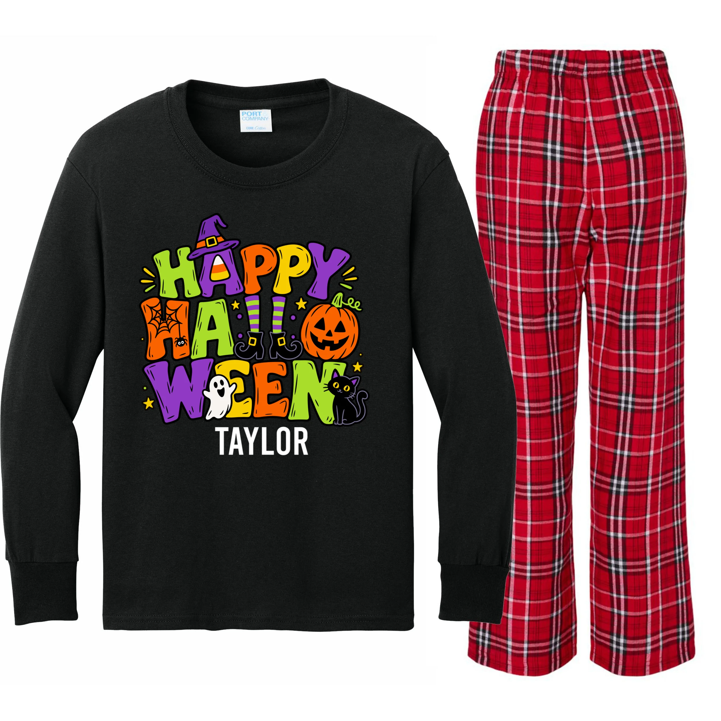 Halloween Happy Halloween Personalized Name - Cute Halloween Character Design Kids Long Sleeve Pajamas Front