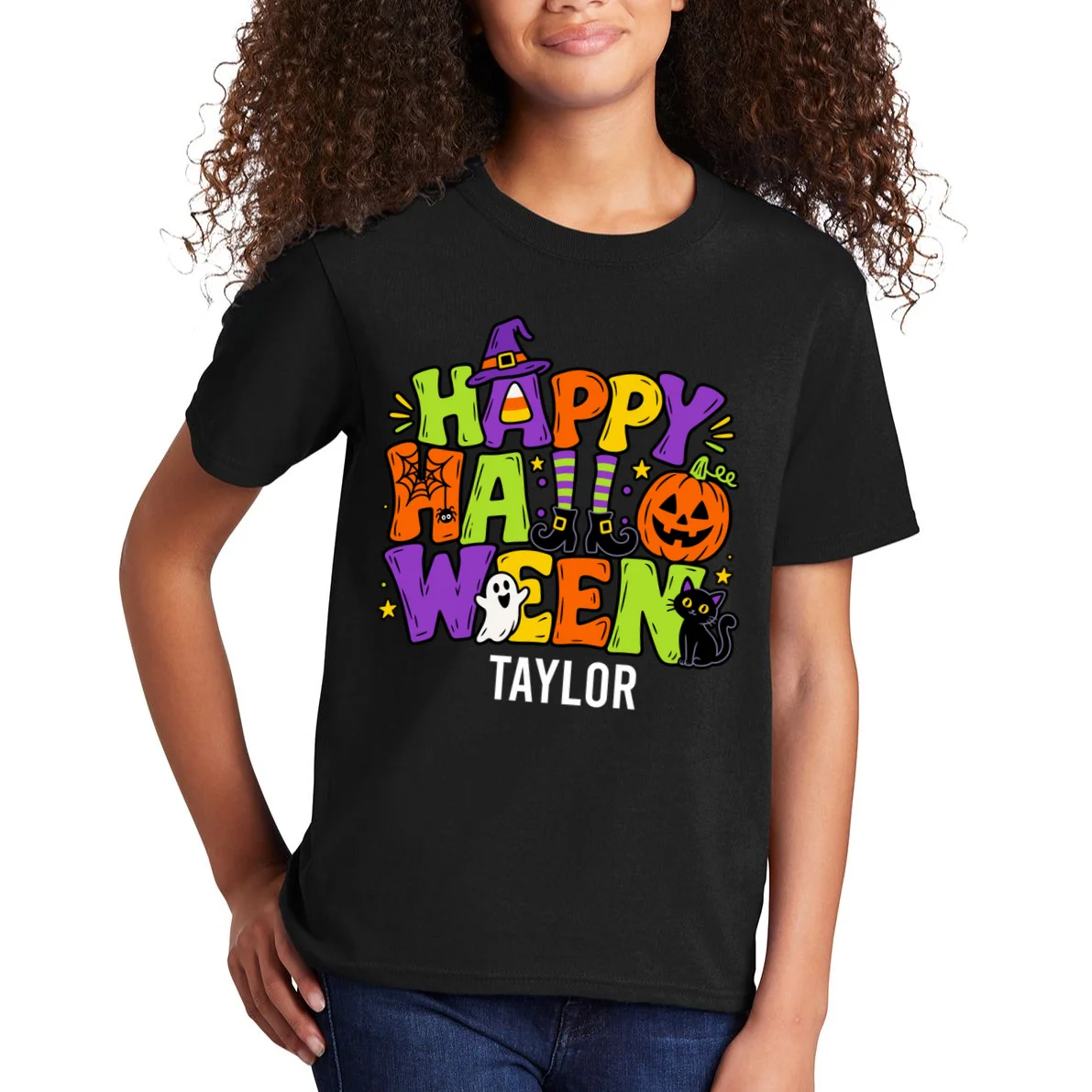 Halloween Happy Halloween Personalized Name - Cute Halloween Character Design Kids T-Shirt - Front 1