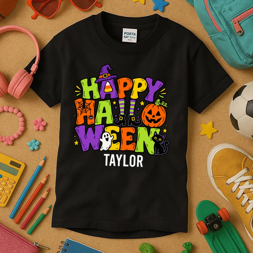 Halloween Happy Halloween Personalized Name - Cute Halloween Character Design Kids T-Shirt - Front 2