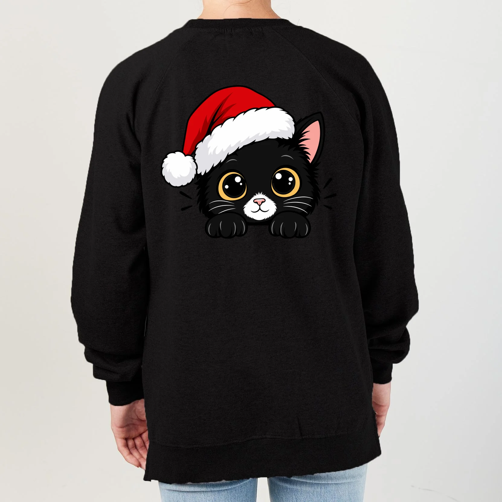 Christmas Black Cat Personalized Pet Gift - Cute Santa Hat Cat Custom Design Women's Sweatshirt - Back - Close-up