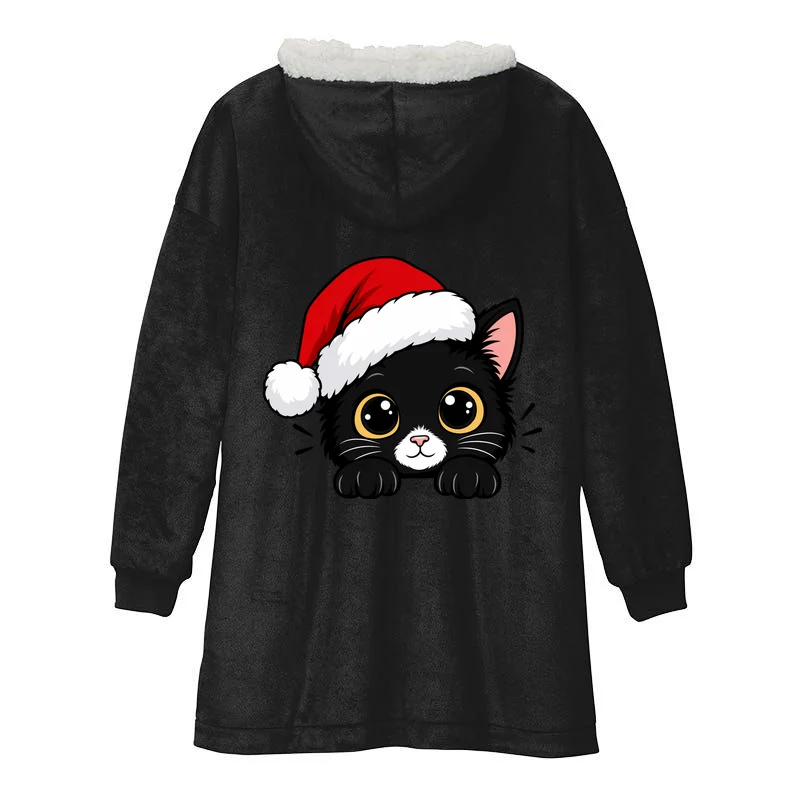 Christmas Black Cat Personalized Pet Gift - Cute Santa Hat Cat Custom Design Hooded Blanket - Back - Close-up
