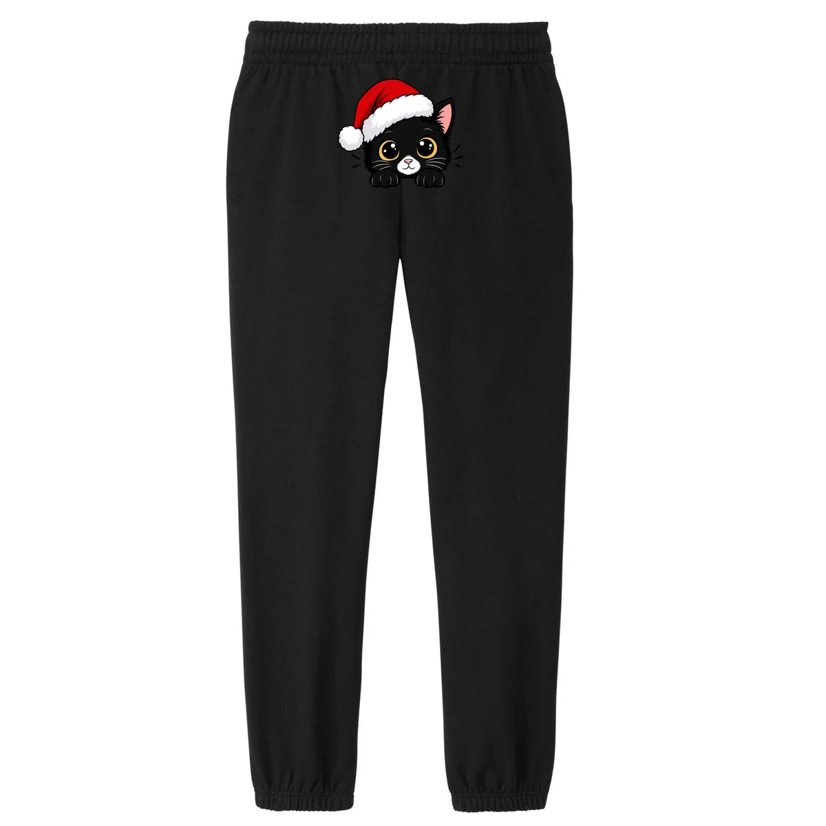 Christmas Black Cat Personalized Pet Gift - Cute Santa Hat Cat Custom Design Women's Fleece Sweatpants - Back - Close-up