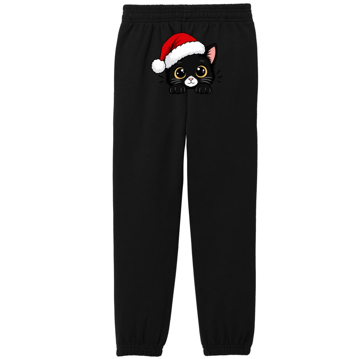 Christmas Black Cat Personalized Pet Gift - Cute Santa Hat Cat Custom Design Kids Fleece Sweatpants - Back - Close-up