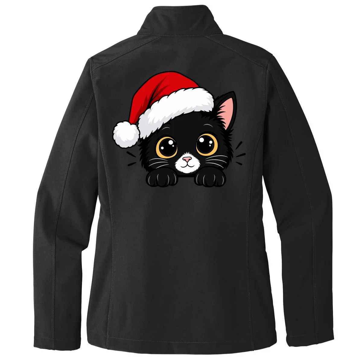 Christmas Black Cat Personalized Pet Gift - Cute Santa Hat Cat Custom Design Women's Soft Jacket - Back - Close-up