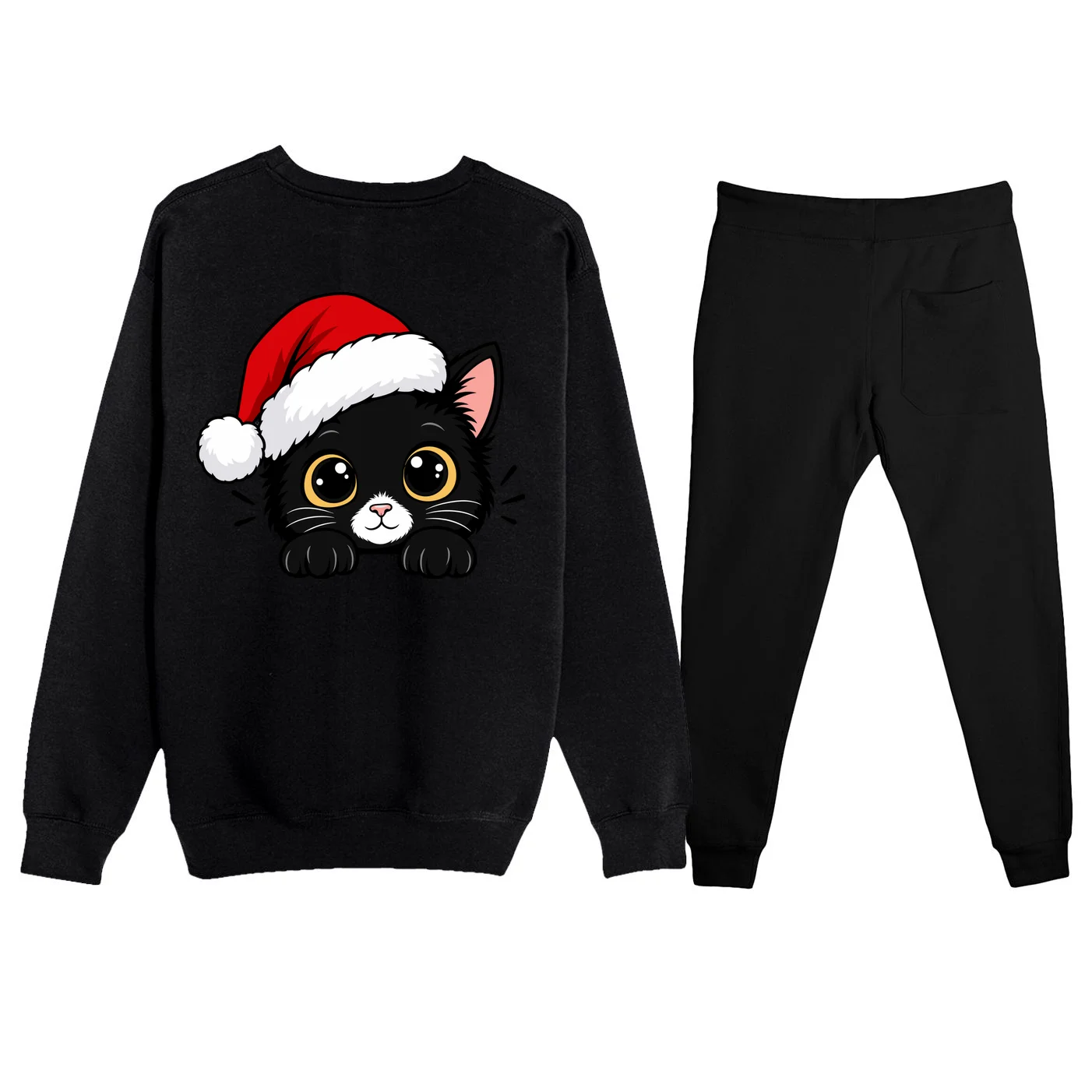 Christmas Black Cat Personalized Pet Gift - Cute Santa Hat Cat Custom Design Men's Sweatsuit - Back - Close-up